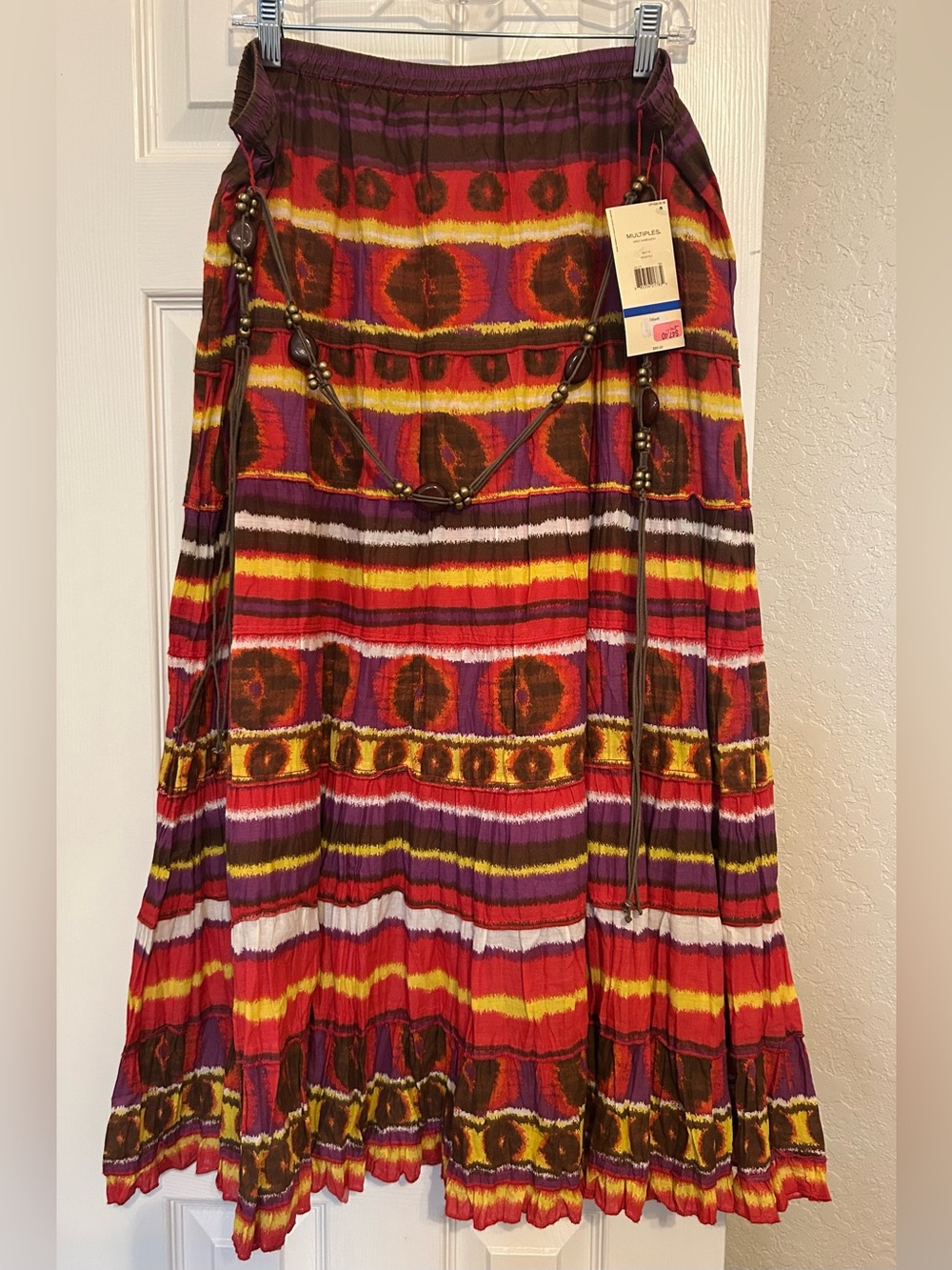 Multiples Red Multi-Stripe Tiered Maxi Skirt with Purple Accents